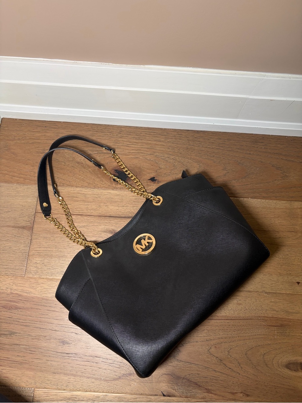 Michael Kors Black Leather Tote with Gold Chain Straps